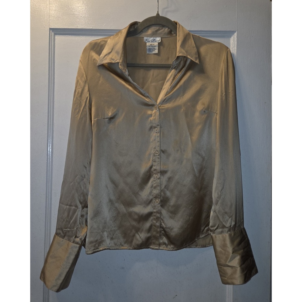 Vintage 90's Fred David Gold 100% Silk Button-Front Collared Blouse. Cuffed. M